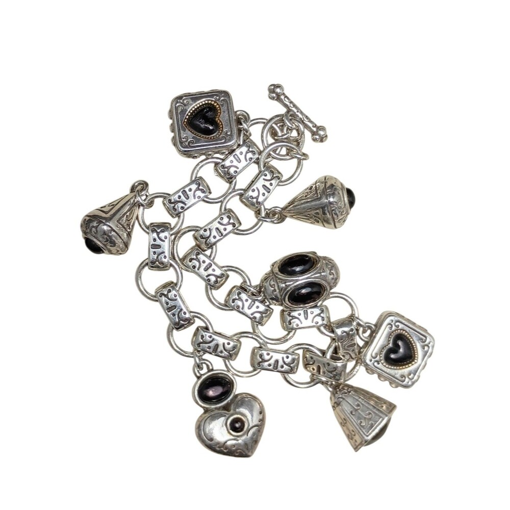 Vintage Brighton Puffy Hearts Black Enamel Charm Toggle Bracelet retired Rare
